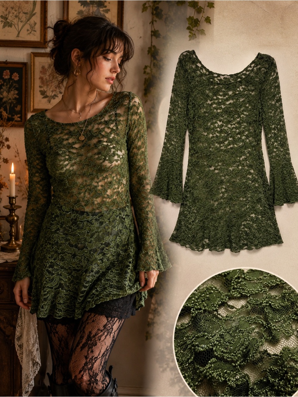 Vintage Chris & Carol Green Floral Lace Mini Dress Tunic Bell Sleeve Whimsigoth